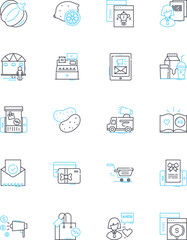 Retail center linear icons set. Shopping, Food, Clothing, Entertainment, Lifestyle, Branding, Convenience line vector and concept signs. Quality,Variety,Trendy outline illustrations Generative AI