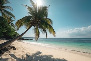 Obraz na płótnie Canvas Cool Coconut palm tree on beach with sunlight in summer 2. coconut palm leaf. blue sea. white sand. sun. blue sky. Generative AI