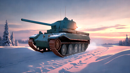 A russian world war tank on a snowy scenery landscape