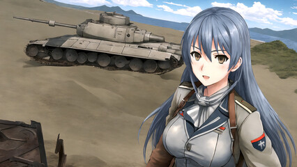 An anime soldier girl in front of a tank on the desert