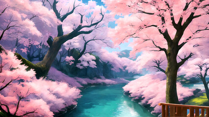 Japanese traditional garden with cherry blossoms and a river