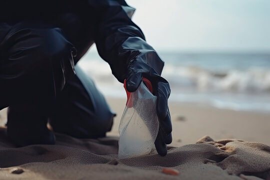 environmental pollution. Volunteer in protective gloves picks up a plastic bottle on the beach