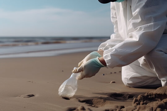 environmental pollution. Volunteer in protective gloves picks up a plastic bottle on the beach