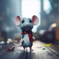 A mouse with a red tie stands on a wooden table.