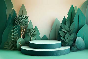 Product banner, podium platform with geometric shapes and nature background, paper