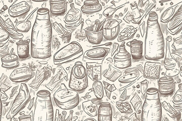 Hand drawn doodle plastic pollution seamless pattern. Vector illustration sketchy symbols collection. Bag