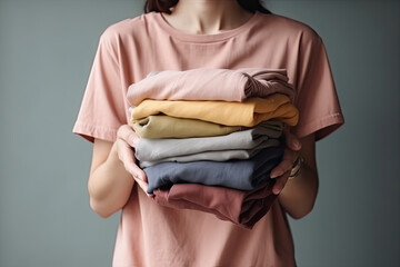 Fototapeta premium Hands hold a stack of organic clothing and cotton colors. Eco friendly fabric shop