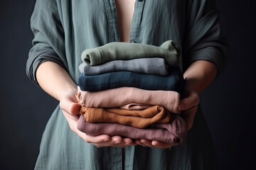Hands hold a stack of organic clothing and cotton colors. Eco friendly fabric shop