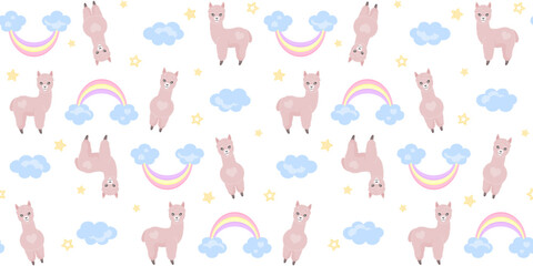 Cute alpacas with a heart on fur, rainbow, clouds and stars on a white background. Endless texture with adorable animal and sky. Vector seamless pattern for wrapping paper, giftwrap or surface texture