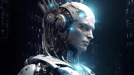 Obraz na płótnie Canvas Cyborg woman with glowing brain. Artificial intelligence concept. ai generated artwork