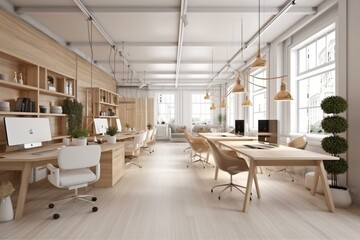 Fototapeta na wymiar Luxury bright coworking office interior with furniture, equipment and other items. Workplace and commercial space concept. 3D Rendering. Generative AI