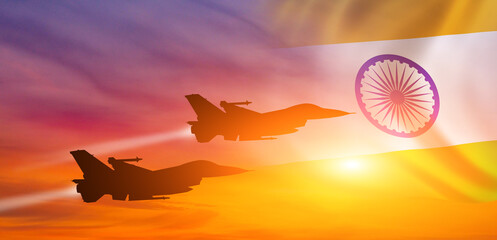 Group of aircraft fighter jet airplane. India flag. Air force day. 3d illustration - obrazy, fototapety, plakaty