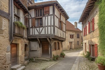Fototapeta na wymiar Medieval half timbered house in the streets of the small town of Eauze in the south of France (Gers). Generative AI