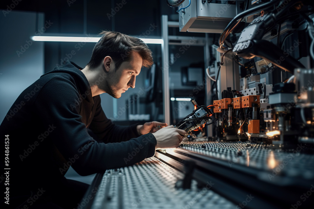 Poster engineer working with robot arm in factory. smart industry 4.0 concept. generative ai
