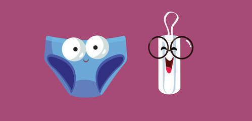 Funny Cartoon Period Panties and Menstruation Tampon Vector Characters Set. Protection hygiene products for menstrual cycle period 
