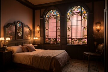A romantic Art Nouveau Bedroom featuring a soft pink color scheme, opulent stained glass windows, a velvet upholstered headboard, and dimly lit sconces on each side, generative ai