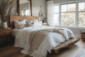 A calming, beachy bedroom with white linen bedding, driftwood accents, and natural wood floorboards, generative ai
