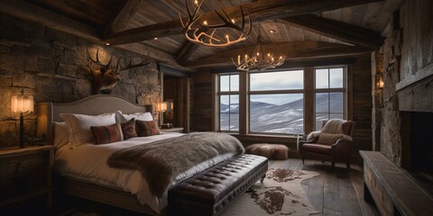 A Rustic Lodge Bedroom with wood beam ceiling, antler chandelier, and stone accent wall, generative ai