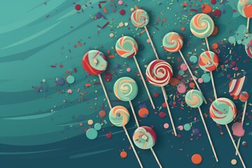 fun-filled image of colorful lollypops with striped patterns and sparkling sprinkles on a mint blue background, generative ai
