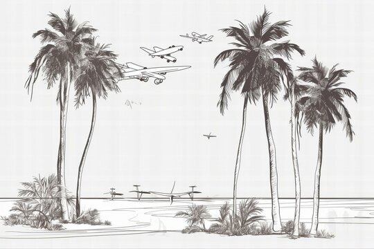 continuous line drawing palm trees on beach airplane - PNG image with transparent background. Generative AI