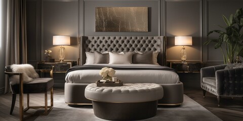 A modern twist on Art Deco bedroom with a focus on simplicity and minimalism, featuring clean lines, contrasting textures, and pops of metallic finishes, generative ai