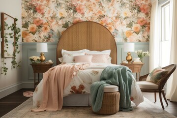 A cottagecore-inspired Bedroom with a floral wallpaper, a ruffled bedspread, and a wicker accent chair, generative ai