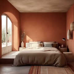 A minimalist Mediterranean Bedroom with neutral terracotta walls and simple, streamlined decor, generative ai