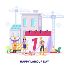 Happy Labour day On 1 May vector illustration. Construction workers are working on building.