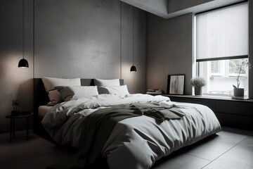 A Minimalist Bedroom with Simple Textured Bedding and Sleek Ceramic Table Lamps, emphasizing a Sparse Layout and Monochromatic Tones, generative ai