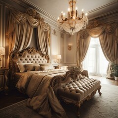 A stunning Bedroom featuring a stately carved bed, plush gold brocade drapes, and soft muted lighting emanating from elegant sconces, generative ai