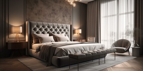 A sophisticated Retro Bedroom with minimalist decor and elegant chrome finishes for a chic look, generative ai