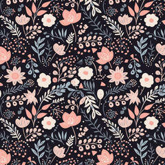 Pink Blue Ivory Abstract Flower and Leaf Allover Seamless Pattern Design Artwork	
