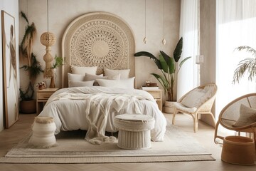 A serene Boho Chic Bedroom with a rattan room divider and embroidered pillow shams, generative ai