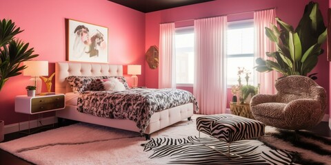 A playful Hollywood Regency Bedroom boasting a pink lacquered accent wall, zebra print armchair, and feather pendant light, generative ai