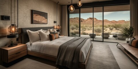 A chic desert oasis with luxurious bedding and desert-inspired prints, generative ai