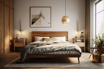 A minimalist Mid-Century Modern bedroom with clean lines, teak wood, and subtle brass accents, generative ai