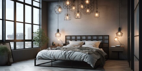 A modern Industrial Chic Bedroom with black metal pipes and striking geometric lighting, featuring a sculptural metal bed frame and abstract wall art, generative ai