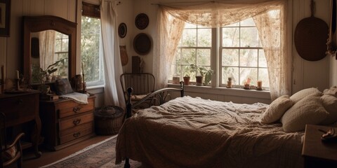 A cozy bedroom with vintage lace curtains and burlap bedspread, generative ai