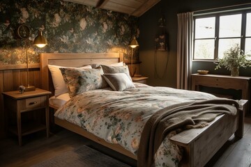 A Modern Cottage Bedroom with painterly floral prints, industrial-style lighting, and sleek wooden furniture creating a contemporary and stylish space, generative ai