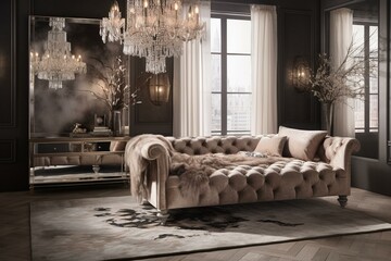 A decadent bedroom design featuring a velvet tufted sofa, a faux fur throw blanket, and a crystal chandelier, generative ai