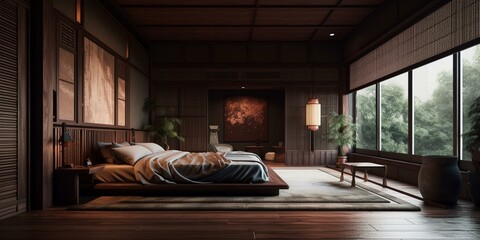 A luxurious Japanese Bedroom with rich wooden textures and elegant decor accents, generative ai
