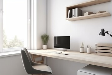 Obraz na płótnie Canvas Light office room interior with desk and computer, window. Mockup frame. Generative AI