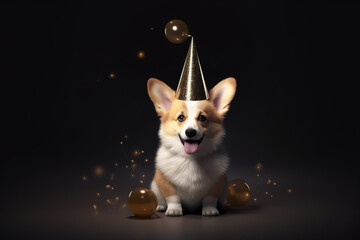 Funny corgi dog in birthday cap, Generative AI