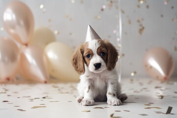 Funny spaniel dog in birthday cap, Generative AI