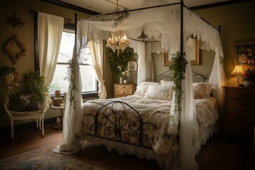 A romantic Cottagecore bedroom with a beautiful wrought-iron bed frame decorated with a canopy of lace, floral bedding, and vintage furniture creating an old-world charm, generative ai