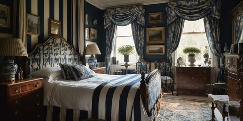 A sophisticated English Bedroom with a bold navy blue and cream striped wallpaper, ornate wooden furniture, and plush tasselled curtains, generative ai