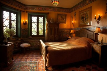 A charming Mediterranean Bedroom with hand-painted tiles and rich fabrics complemented by elegant furniture pieces in warm wood tones, generative ai