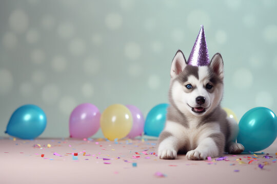 Funny Husky Dog In Birthday Cap, Generative AI