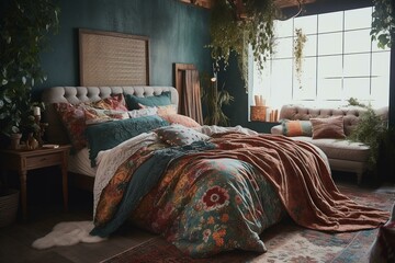 A bohemian inspired bedroom with a mix of floral and plaid patterns throughout, generative ai