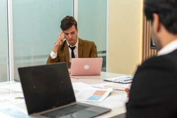 Team work. Businesswoman and man working and having a discussion in the meeting room